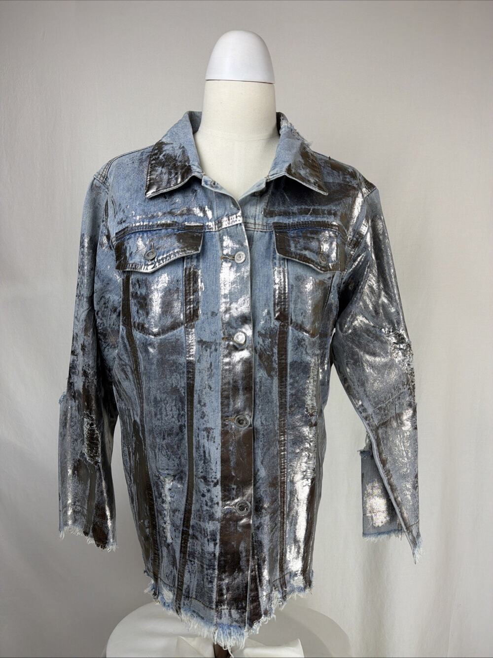 NWT The Nu Vintage Blue Metallic Silver Pattern Denim Jacket Size MED #0708